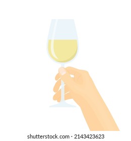 mano sujetando un vaso de vino blanco, celebración, degustación de vino- ilustración vectorial