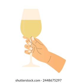 hand holding a glass of white wine, celebration, wine tasting- vector illustration