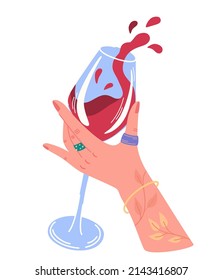 Hand holding a glass of wine. Cheers or drinking toast. Glass with red wine in female hand. Success celebration. Ideal for printing postcards and posters. Modern cartoon vector illustration.