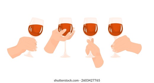 Hand holding a glass of wine. Different grips of the glass. Alcoholic drink. Toast at a party. Transparent glass vessel for a drink. Vector illustration isolated on a transparent background.