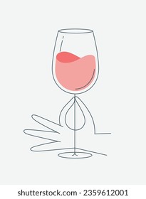 Hand holding glass of wine drawing in flat line style