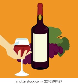 a hand holding a glass of wine. Grapes and bottle. Vineyard. yellow background. labelled selected red wine for a good occasion. A romantic dinner.