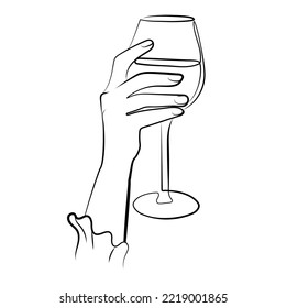 Mano de la mujer sosteniendo vino de vidrio u otra bebida,Dibujo de línea simple vector ilustración aislada. Vidrio de vino en mano.Elemento de diseño para impresión de moda, tarjetas de felicitación, postales, plantilla de arte de línea