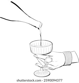 hand holding glass of wine poured from bottle hand drawn illustration vector