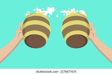 Hand holding glasses of beer for hang out party. vector flat illustration