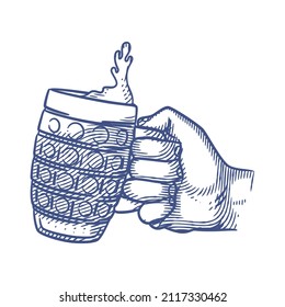 Hand holding glasses of beer line art vector illustration. Hand holding a glass mug of beer