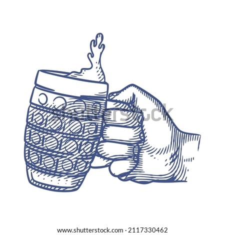Hand holding glasses of beer line art vector illustration. Hand holding a glass mug of beer