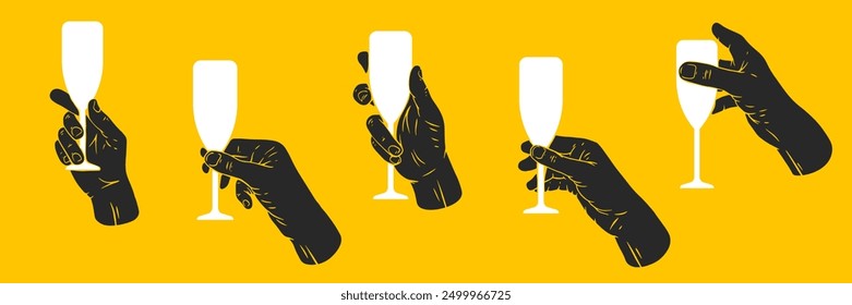 Hand holding glasses of drinks. Set hand drawn silhouettes human palms. Flat vector illustration.