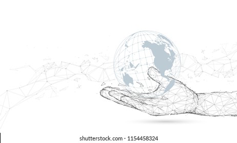 Hand holding with global connection. Lines and particle style