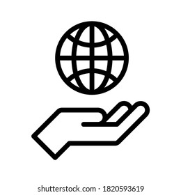 Hand holding global. Line vector. Isolate on white background.