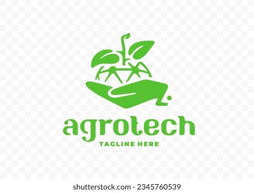 Hand holding global network and connection with plants for digital agriculture vector design. Smart farm, agriculture technology or agritech graphic design. Digital iot farming or farm automation logo