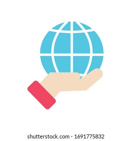 hand holding a global sphere icon over white background, flat style, vector illustration