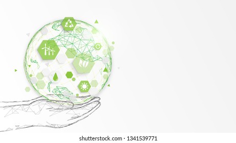 Hand holding globe with abstract geometric ecology icons from lines, triangles and particle style design. Ecology concept