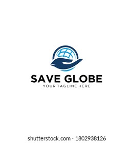 Hand holding a globe abstract vector logo design template.