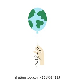 Hand Holding Globe Balloon Thread. Ecology Environment Protection symbol. Finger gesture showing Earth Planet Love. Flat vector illustration