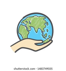 Hand holding the globe hand drawn doodle icon. Ecology care and eco friendly concept.