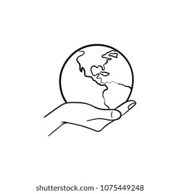 Hand Holding The Globe Hand Drawn Outline Doodle Icon. Ecology Care And Eco Friendly Concept. Palm With World Vector Sketch Illustration For Print, Mobile And Infographics Isolated On White Background