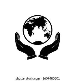 Hand Holding Globe Earth - Black Vector Icon. Care Of Planet Icon