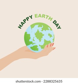 Hand Holding Globe, Earth Day Concept, Happy Earth Day Text, Premium Vector