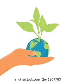 Hand holding globe earth with green sprout and leaves isolated on white background. Environment day. Earth day. Save planet concept. Vector illustration