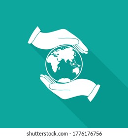 Hand, die Globe hält Erde   Symbol mit langem Schattenvektor