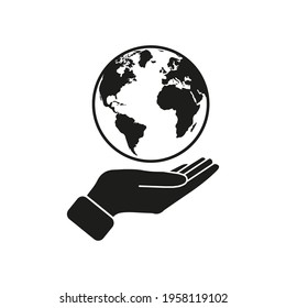 Hand holding globe earth icon. Vector. Flat design.