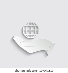 Hand holding Globe earth icon on a grey background