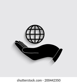 Hand holding Globe earth icon on a grey background