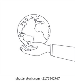 Hand holding globe earth icon line drawing style Vector Earth Globe in Hand. Globe in palm Sketch of Human Hand Carefully Holding Blue and Green Earth Planet Globe outline illustration Vector Concept