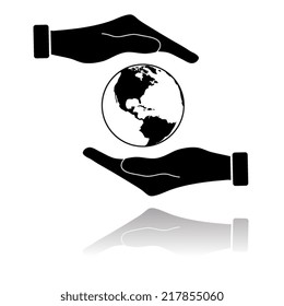   Hand holding Globe earth icon with shadow