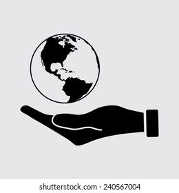 Hand holding Globe earth icon on a grey background