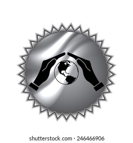 Hand holding Globe earth icon on round sticker