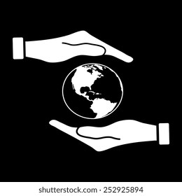 Hand holding Globe earth icon  on a black background