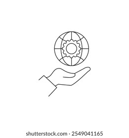 Hand holding globe earth icon line drawing style vector. outline Globe in palm, support world, sketch of hand holding world setting concept configuration globe illustration vector