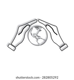 Hand holding Globe earth icon with shadow