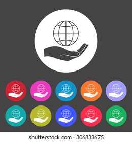 Hand holding Globe earth icon. Set of colored icons.