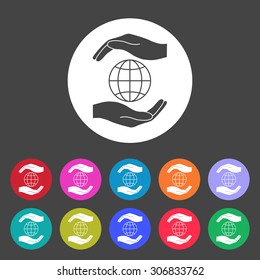 Hand holding Globe earth icon. Set of colored icons.