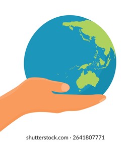 Hand holding globe earth isolated on white background. Environment day. Earth day. Save planet concept. Vector illustration