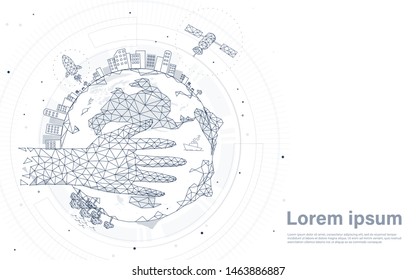 Hand holding globe. Earth planet with city, rocket and satellite. Futuristic and technology background