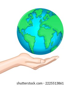 Hand holding globe earth. Save the world concept. Vector illustration.