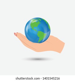 Hand holding globe earth. Vector illustration. Save the planet.