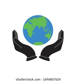 Hand holding Globe earth - vector icon. Care of planet icon