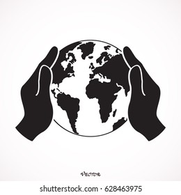 hand holding globe earth web black icon. save earth concept vector illustration