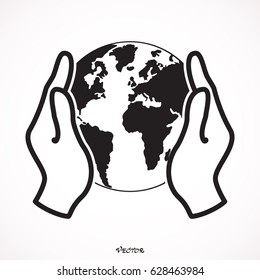 hand holding globe earth web black icon. save earth concept vector illustration
