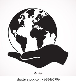 hand holding globe earth web black icon. save earth concept vector illustration