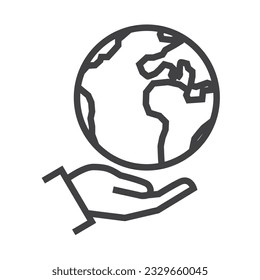 Hand holding globe. Ecology icons. Editable stroke.