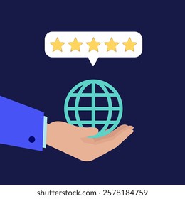 Hand holding globe with five star rating symbolizing international business success, customer satisfaction, and global market leadership