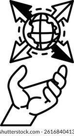 A hand is holding a globe with four arrows pointing in different directions