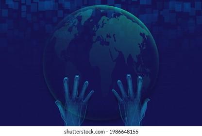 Mano sosteniendo con el globo. Fondo de concepto de alta tecnología digital de tecnología futurista. Ilustración del vector
