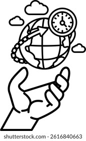 A hand holding a globe with gears on it